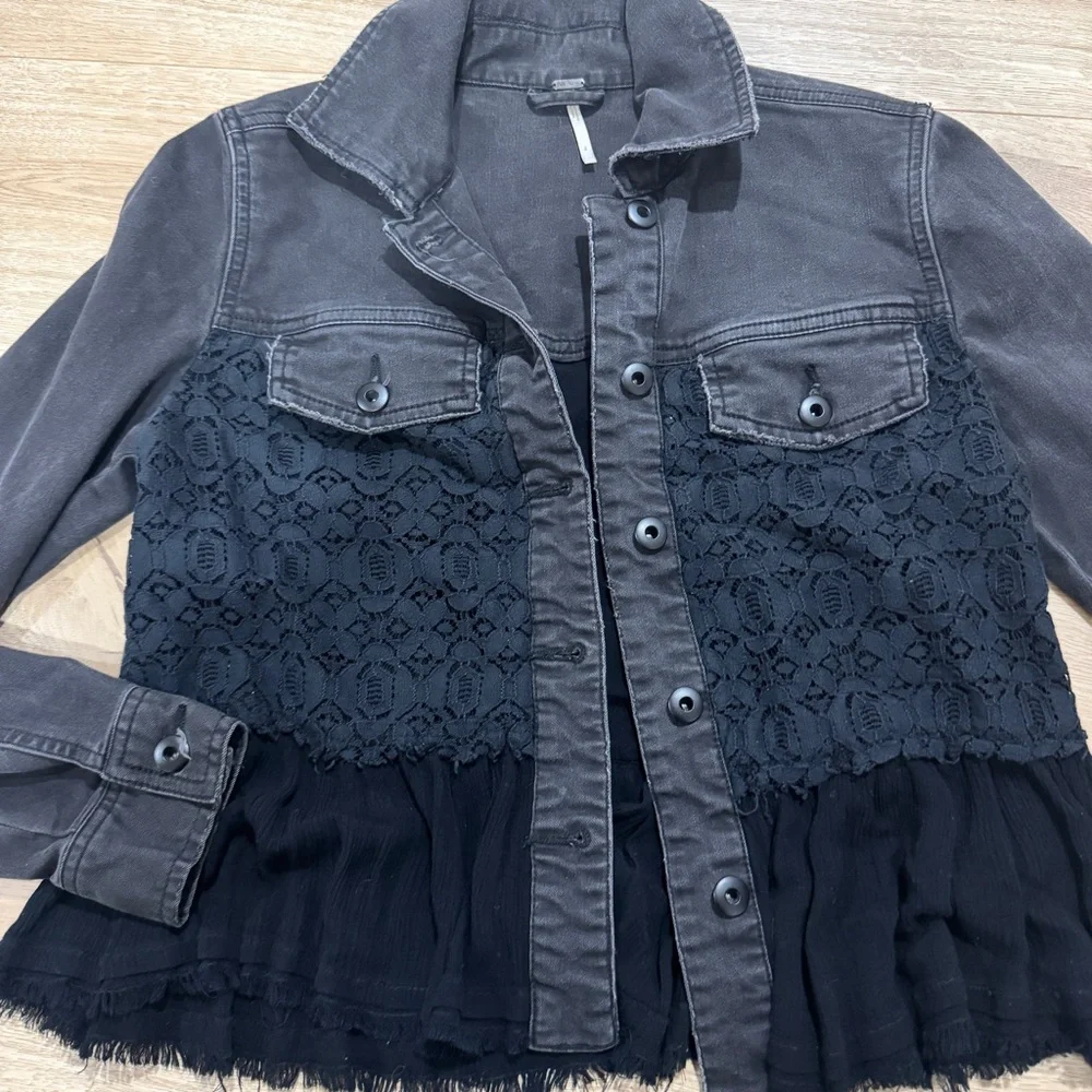 Free People Black Lace-Panel Denim Jacket - Picture 2 of 5